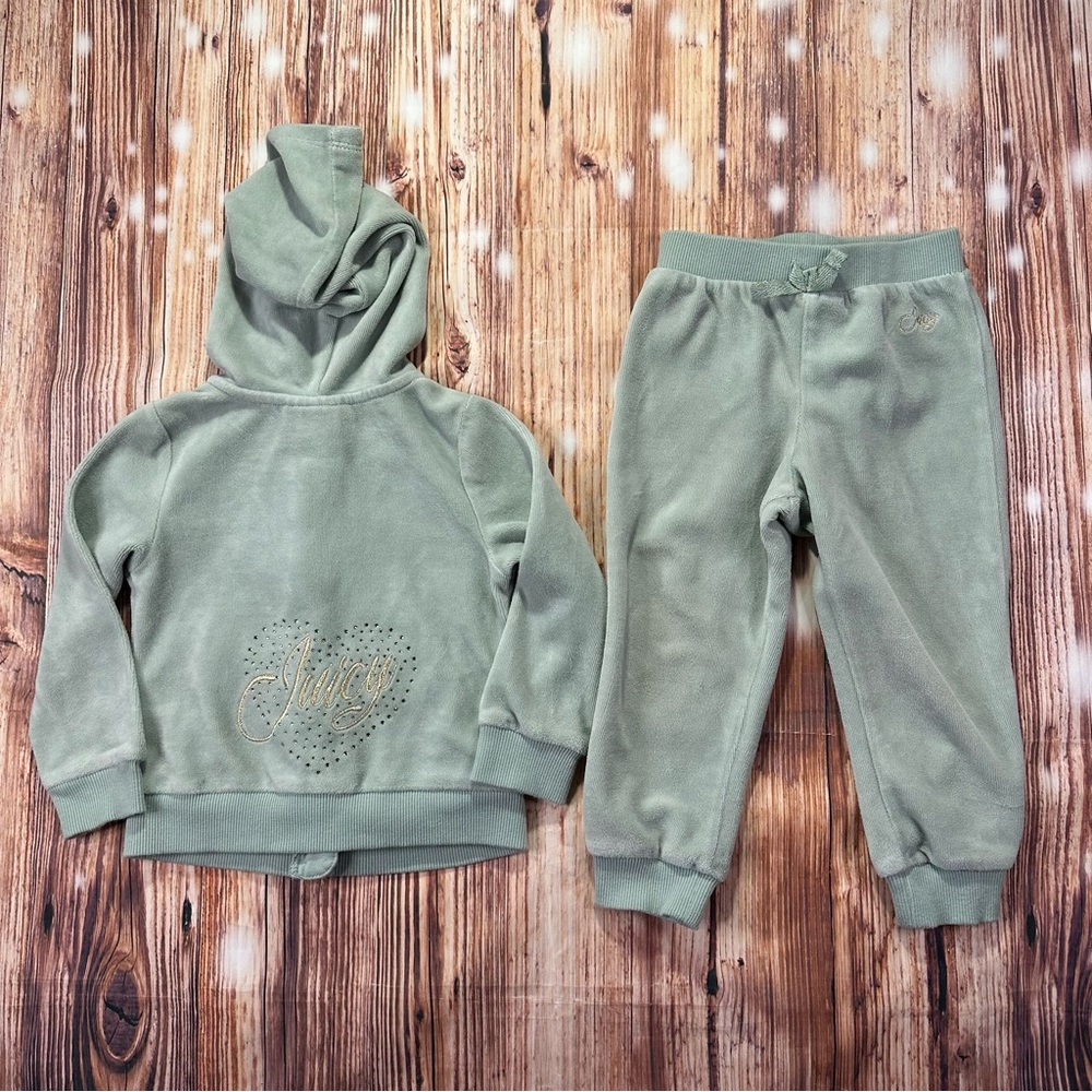 Girls Juicy Couture Hooded Zip Up Track Suit  Green Velour 24/Months
